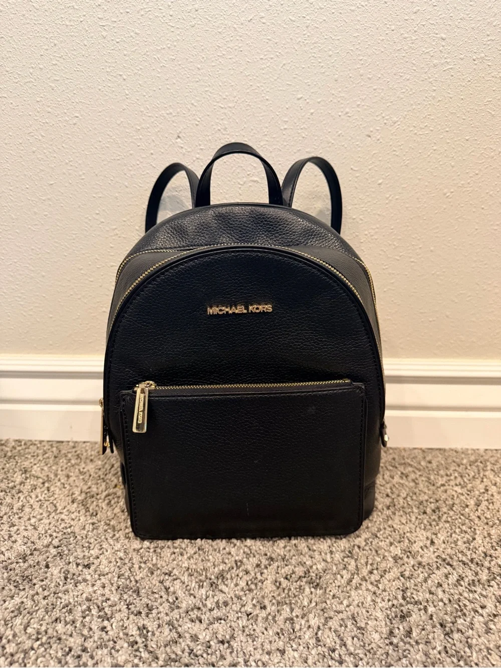 Michael Kors Black Pebbled Leather Backpack with Gold Accents